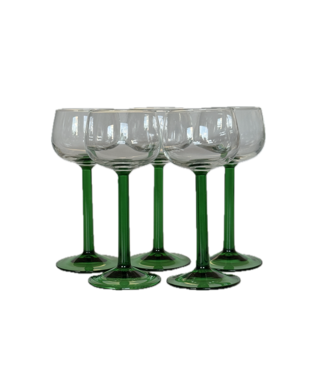 Six Vintage Green Stem French Glasses