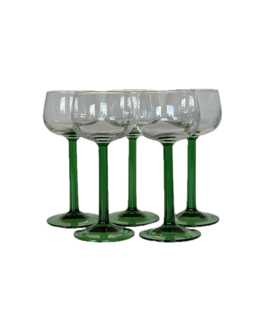 Six Vintage Green Stem French Glasses