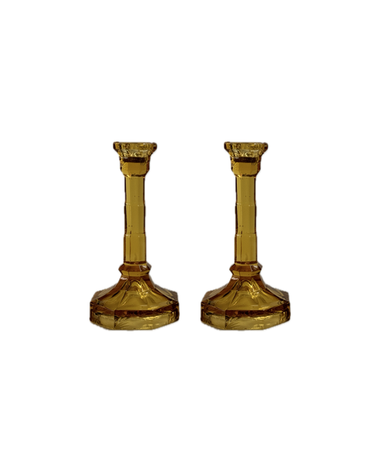 Set of Two Vintage Amber Glass Candlesticks