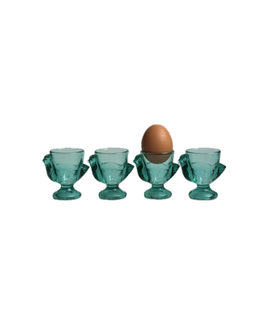 Vintage French Chicken-Shaped Glass Egg Cups (Turquoise/Aqua Blue)