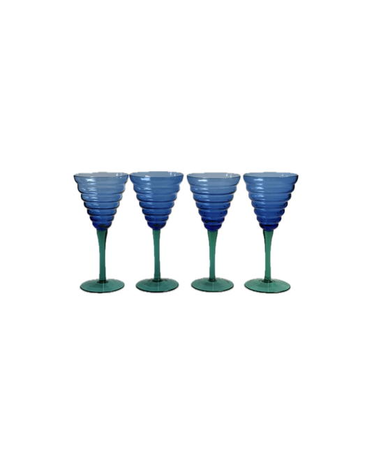 Set of 4 Vintage Blue Ribbed Wine Glasses