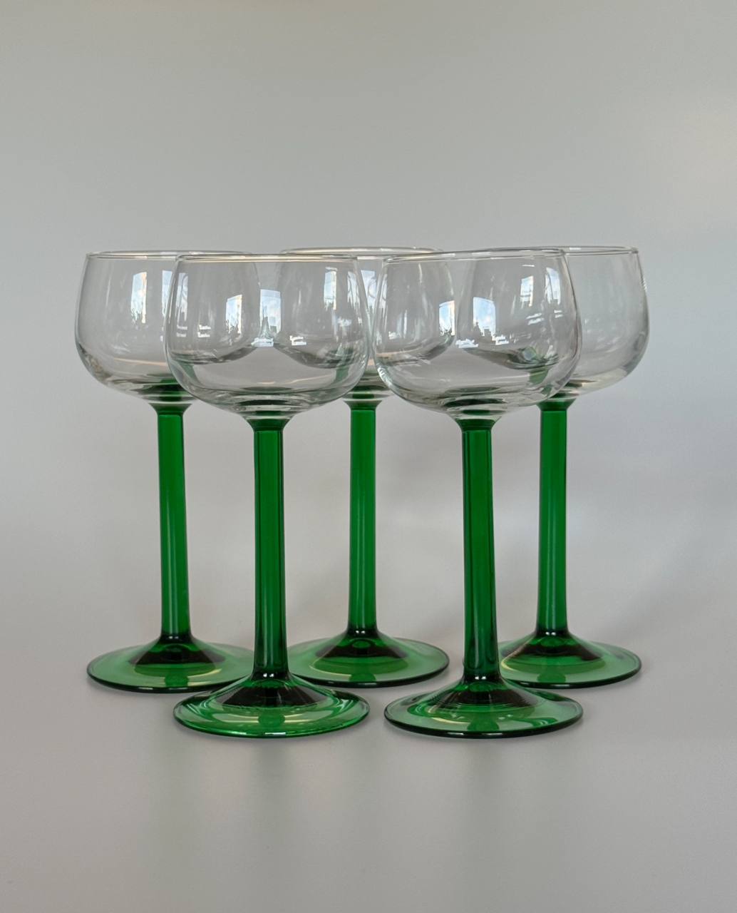 Six Vintage Green Stem French Glasses