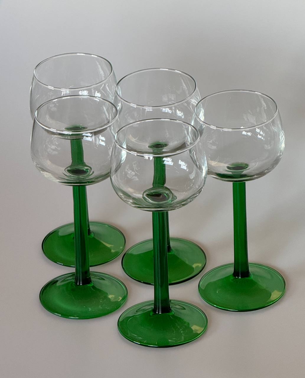 Six Vintage Green Stem French Glasses