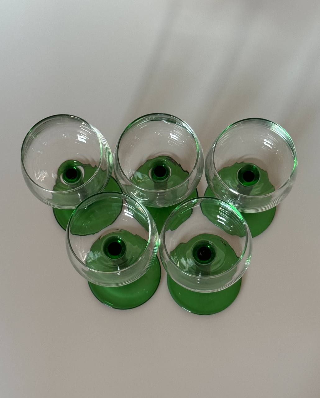 Six Vintage Green Stem French Glasses