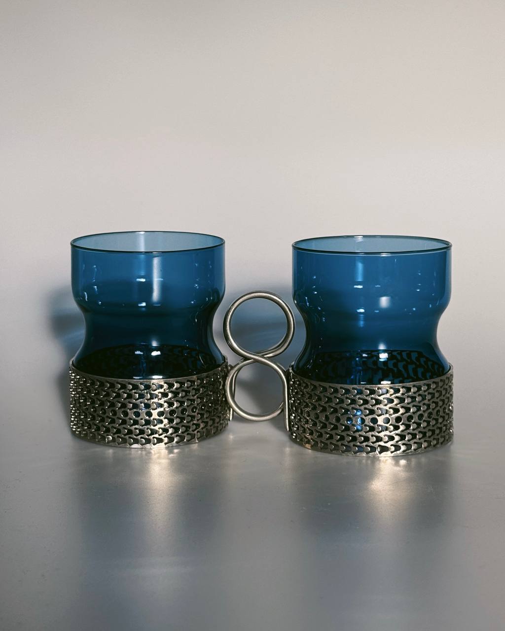 Rare Vintage Iittala Tsaikka Blue Glass Tea Cups by Timo Sarpaneva