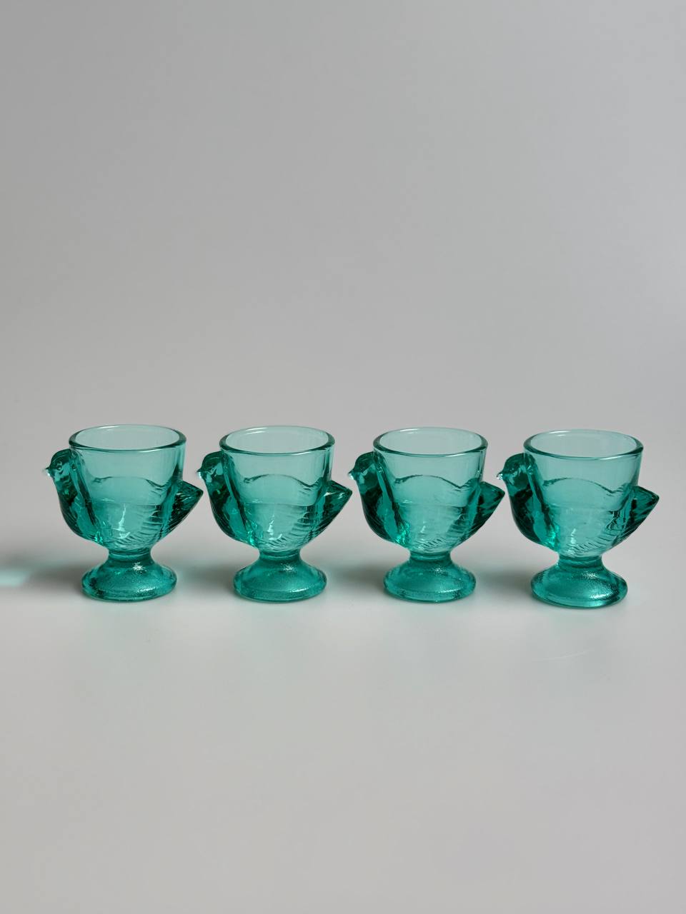 Vintage French Chicken-Shaped Glass Egg Cups (Turquoise/Aqua Blue)