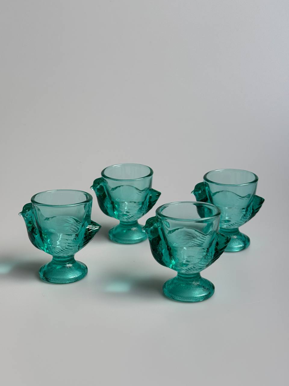 Vintage French Chicken-Shaped Glass Egg Cups (Turquoise/Aqua Blue)